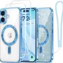 Meifigno Candy Series Case Designed for iPhone 16 Plus 6.7, [2X Screen Protectors] [Glitter Card & Wrist Strap] [MagSafe Compatible] Full Camera Protection for 16 Plus Case, Sky Blue