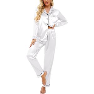 Ekouaer Women's Classic Button Down Long Satin Silk Pajama Set (Medium, White)