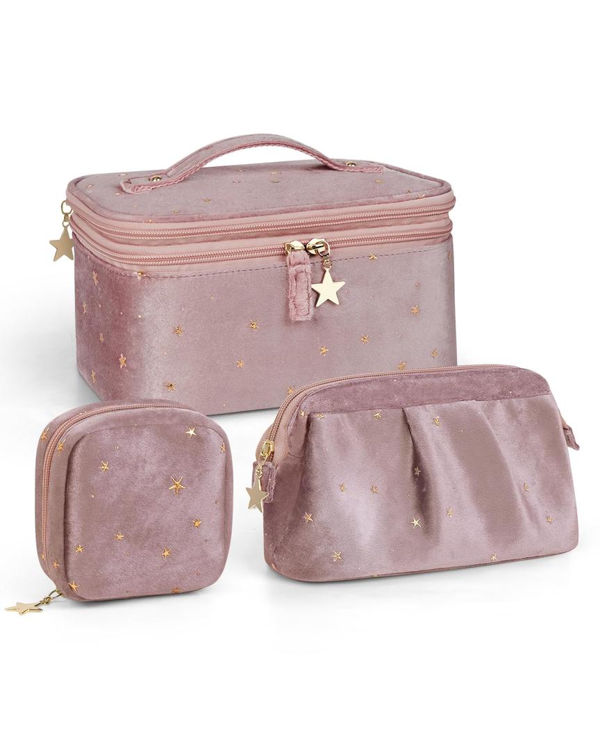 Wedama Makeup Bag Gift for Women, Double-layer Cosmetic Bag with Jewelry Storage and Brush Holder 3 Pcs Velvet Makeup Organizer Bag Gift Set Travel Toiletry Bag for Women Girls, Pink
