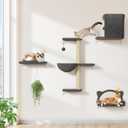 5in1 Cat Wall Shelves, Solid Wood & Velvet & Sisal Scratcher, 44lbs Max Load, Wall Mounted Cat Furniture for Climbers, Cat Climbing Wall System, Fits Drywall & Solid Walls  Light Gray