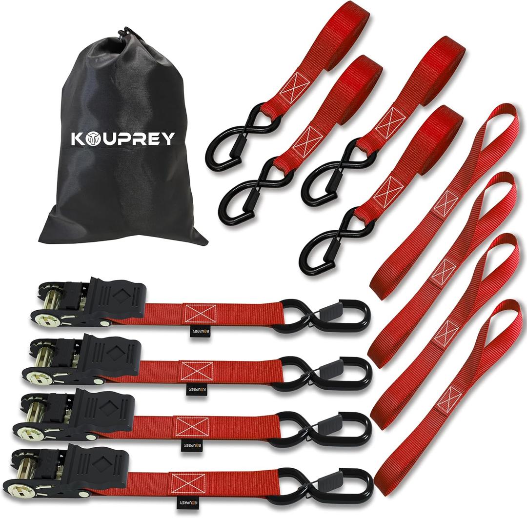 Ratchet Straps, Boat Tie Down Straps to Trailer, Motorcycle Straps, Kayak Tie Downs, 4-PK 1" x 15ft, 1800 LB Break Strength Safety Lock S Hooks & 4 Soft Loops-Secure, Rubber Coated Handle Red