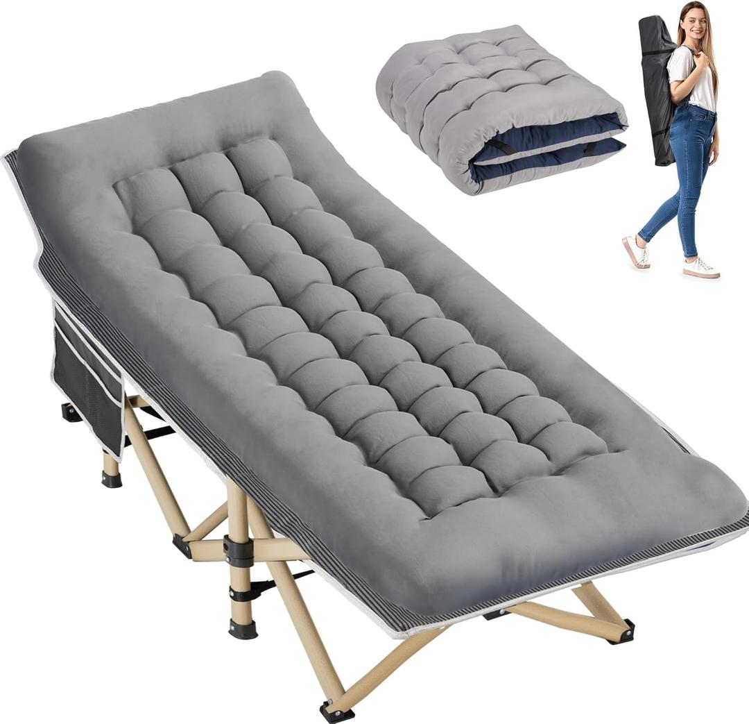 Folding Camping Cot for Sleeping, Portable Cots for Adults, Heavy Duty Cot Bed 550LBS(Max Load), Extra Wider Cots with Large Pocket for Outdoor, Office, Beach (Stripe Grey(with Mattress))