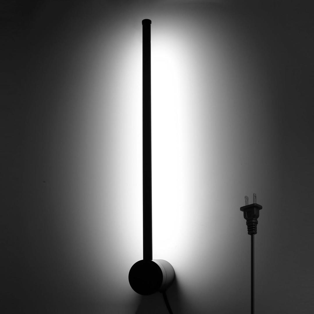 Kawell 19.7 Inch Rotatable LED Wall Sconce 12W Plug in Wall Light Bar with Switch Modern Black Linear Lamp for Bedroom Living Room Office, Cold White