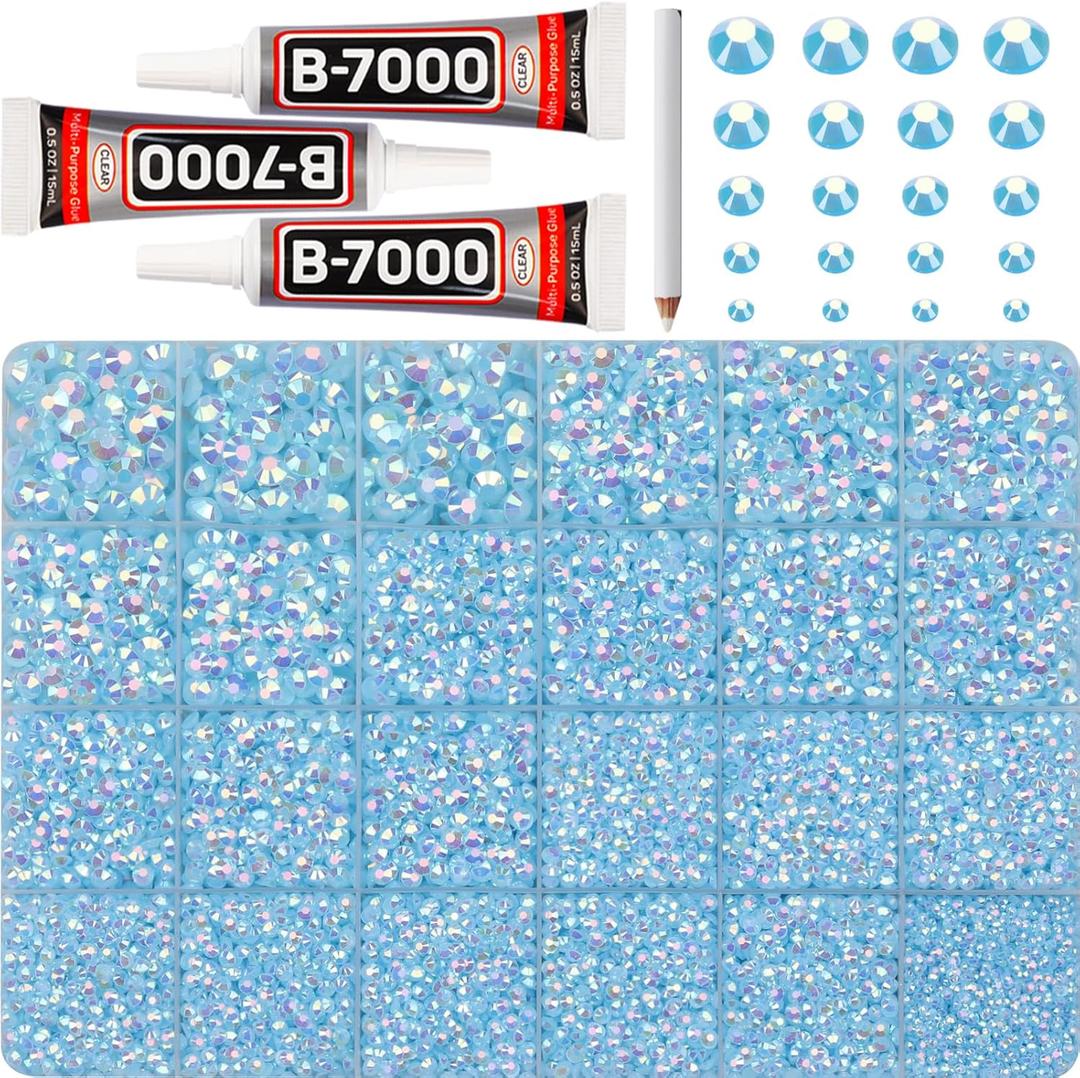32000Pcs Light Blue Rhinestones for Bedazzling, Resin 2,3,4,5,6mm Mix Sizes Flatback Bedazzler Kit Bulk Gems Diamonds Gemstones Jewels Stones Crystals with B7000 Glue for Crafting Crafts Clothes