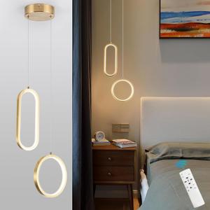 Gold Modern Mini LED Pendant Light with Remote Control, 2 Ring 24W 3-Color Temp Stepless Dimmable Ceiling Hanging Light for Bedroom Kitchen Island Dining Room Foyer Entryway