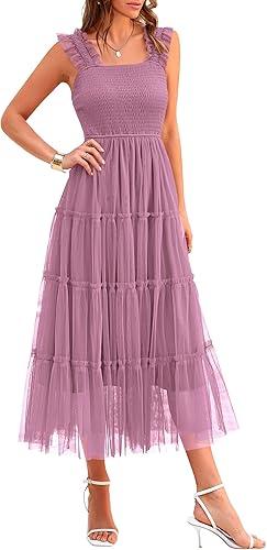 PRETTYGARDEN Women's Summer Tulle Midi Dress Sleeveless Smocked Ruffle Mesh Flowy Dresses Party Wedding Guest Sundress (Grey Purple, Medium)