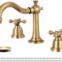 KZH Antique Brass Bathroom Faucet 3 Hole, 8 inch Widespread Bathroom Faucet with Pop Up Drain, Bathroom Sink Faucet, 2 Handle Vanity Faucet with Water Supply Hoses