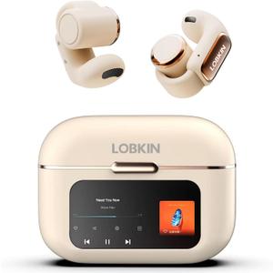 LOBKIN Open Ear Earbuds, Clip On Headphones Wireless Bluetooth 5.4 Adaptive Comfortable Clip On Ear Buds with Mic,4GB Storage Lightweight IPX5 Waterproof LED Touchscreen Display Fit Sports Workout
