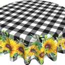 Sunflower Tablecloth Round 60 Inch Fabric Black White Buffalo Check Plaid Table Cloth Washable Spillproof Wrinkle Free Spring Summer Farmhouse Floral Table Cover for Indoor Outdoor Kitchen Dinning