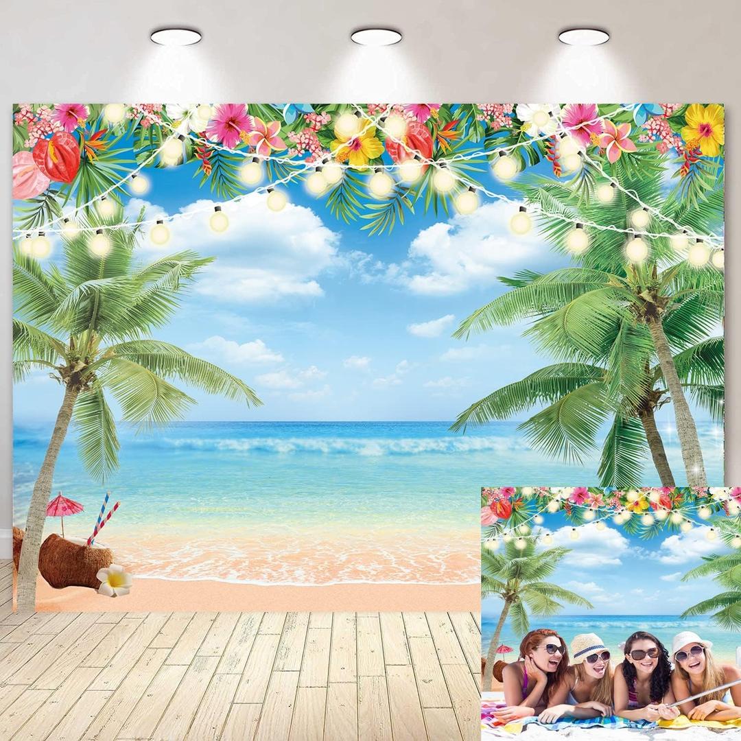 Hawaiian Beach Backdrop Summer Tropical Flower Palm Ocean Beach Photography Background for Hawaiian Aloha Party Luau Photoshoot Tiki Themed Decoration 8x6FT