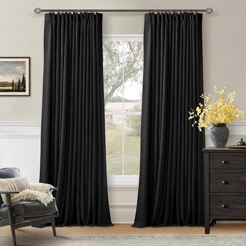 Neutral Black Linen Pinch Pleated Blackout Curtains 108 Inches Long for Bedroom Pleated 100% Black Out Drapes with Liner Black Farmhouse Modern Extra Long 108 Inch Curtain for Living Dining Room
