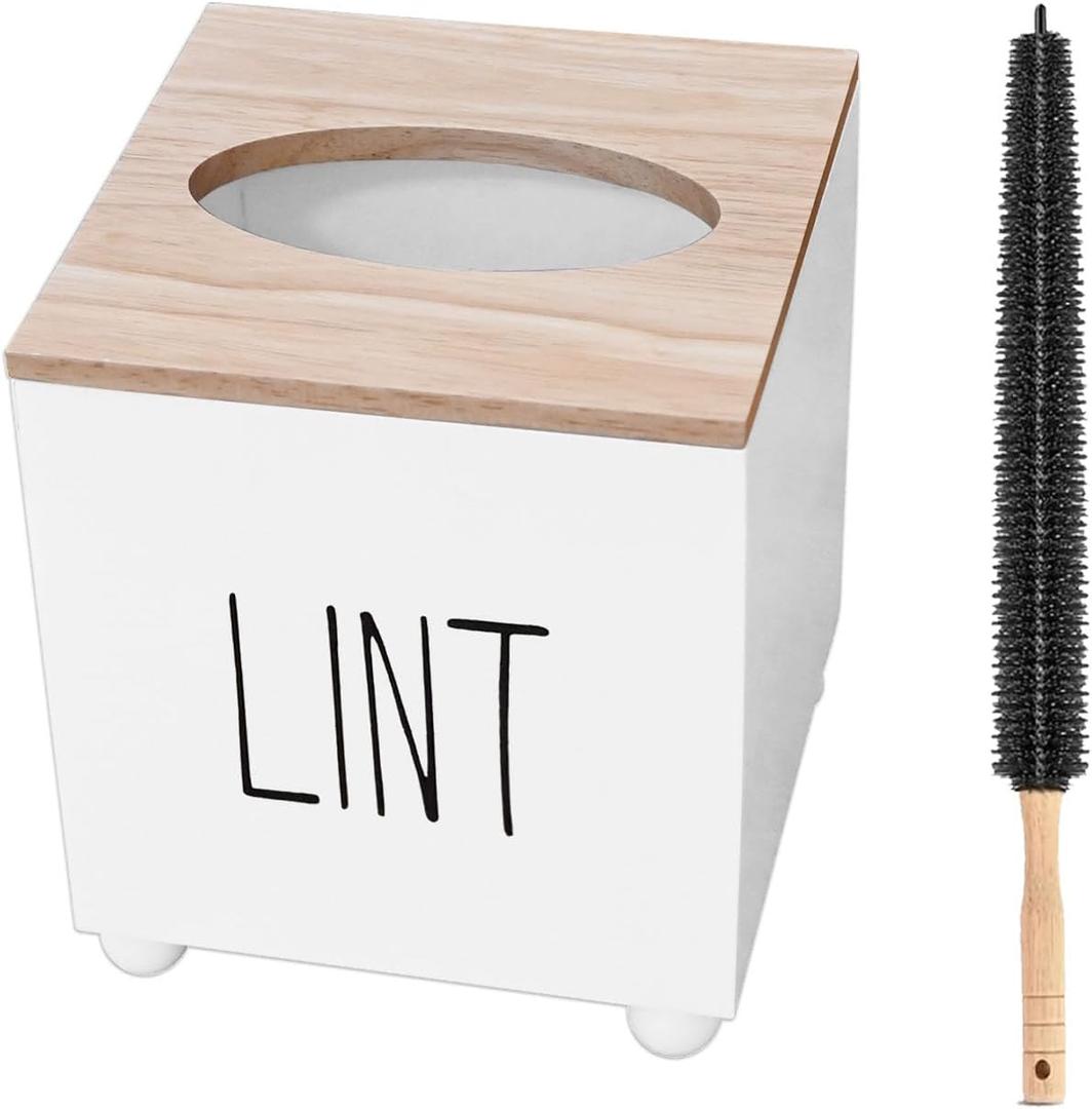 Lint Bin for Laundry Room, Farmhouse Lint Box, Wooden Lint Holder with Lid, Lint Container for Laundry Room Decor, Dryer Lint Trash Can for Laundry Accessory Organization (White)
