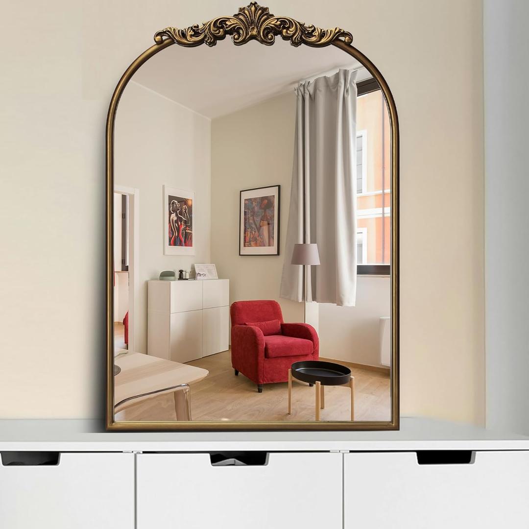 Ornate Baroque Vintage Gold Mirror - 19"X27" Arched Antique Brass Mirror with Full Metal Frame - Perfect for Entryway, Fireplace, Living Room, Hallway, or Bathroom Dcor