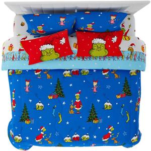 Grinch by Dr. Seuss Holiday & Christmas Bedding Super Soft Comforter and Sheet Set with Sham, 7 Piece King Size 