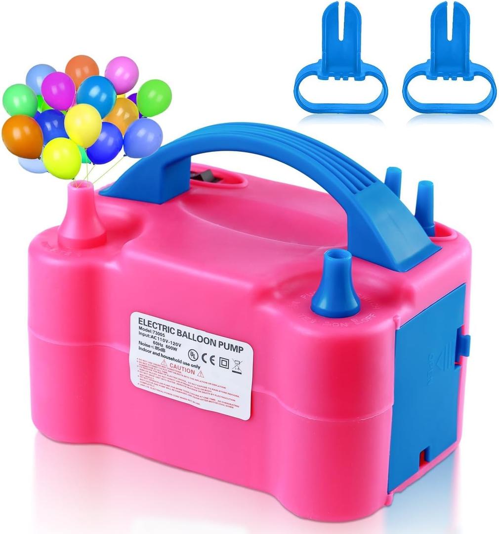 Balloon Pump Electric, Electric Air Pump Replace Manual Balloon Hand Pump, US Standard Plug Balloon Inflator Pump Electric with Dual Nozzles for Balloon Arch, Balloon Stand, Party Decorations (Pink)