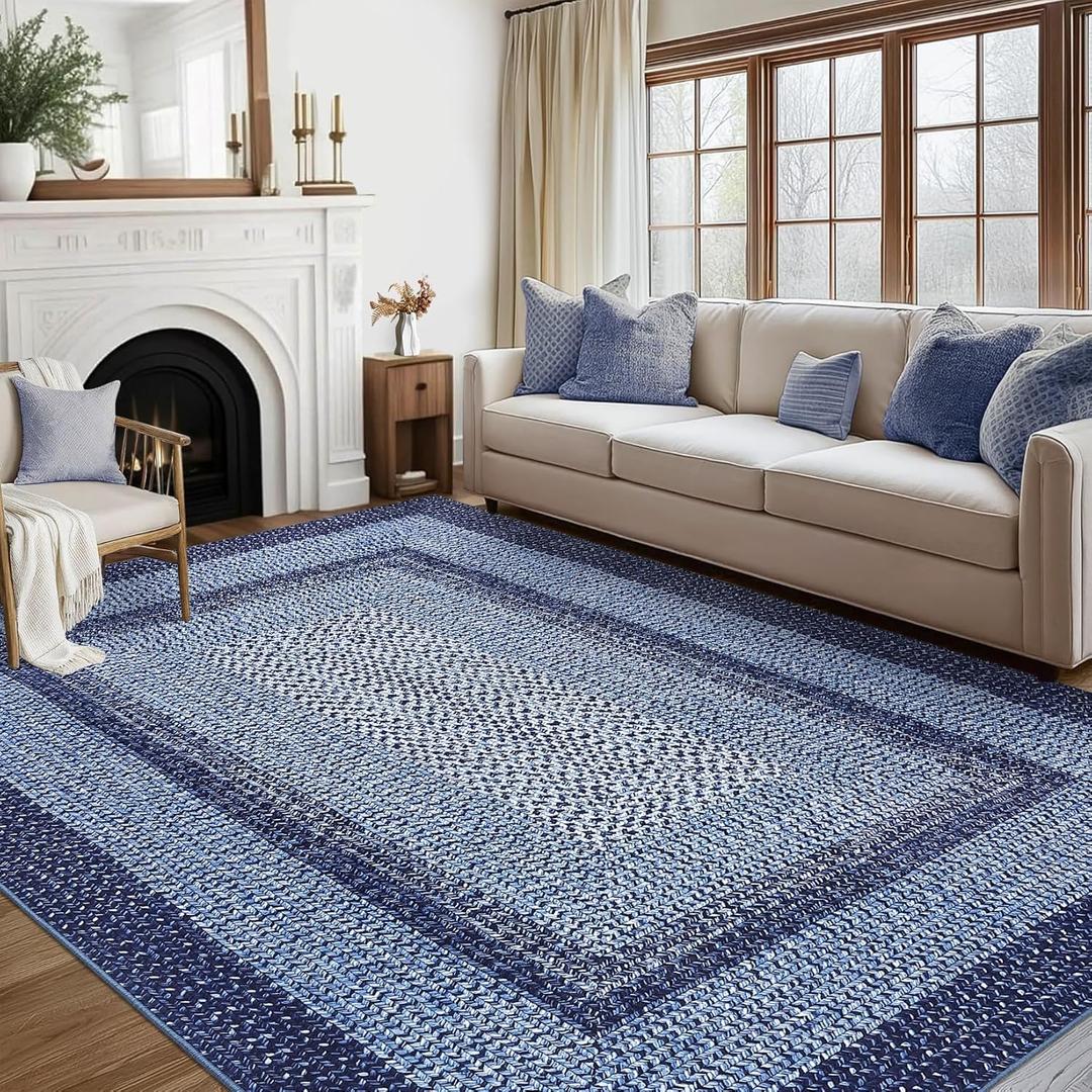 RUGSREAL 9x12 Living Room Rug Large Washable Rug Non Slip Dining Room Boho Braided Print Carpet Indoor Throw Floor Cover Farmhouse Rustic Area Rug Bohemian Border Carpet for Bedroom Home Decor, Navy