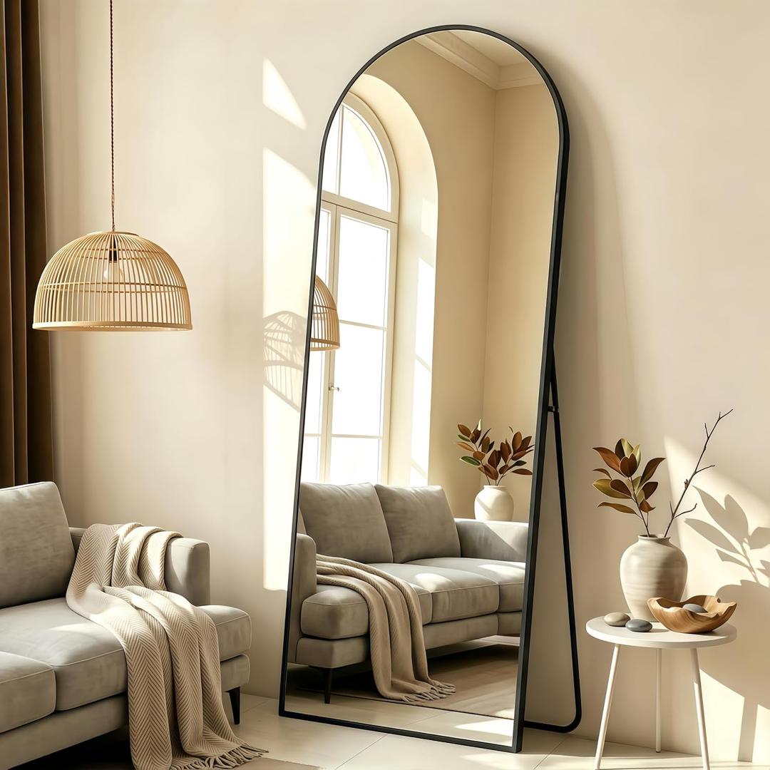 56" x 21" Black Arched Full Length Mirror, Tempered Glass Floor Standing with Aluminum Frame, Wall-Mountable Leaning Design for Bedroom, Entryway, Living Room