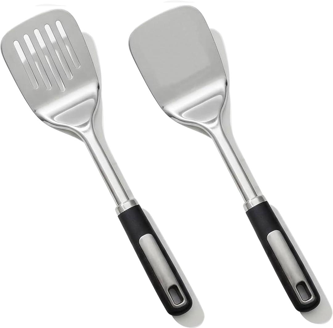 Stainless Steel Spatula Set, 2 Piece Heavy Duty Metal Turner Set, Thickened Solid & Slotted Spatula for Cooking, Heat Resistant Kitchen Utensils for Frying Fish, Eggs, Steak or Pancakes