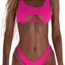 SherryDC Women's Sexy Scoop Neck Padded Cutout Strappy Thong Bikini Set Swimsuit (Large, Hot Pink)