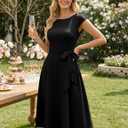 DRESSTELLS Women's Cocktail Dresses, Formal Wedding Guest Modest Church Vintage Tea Party Midi Evening Dress (Black, L)