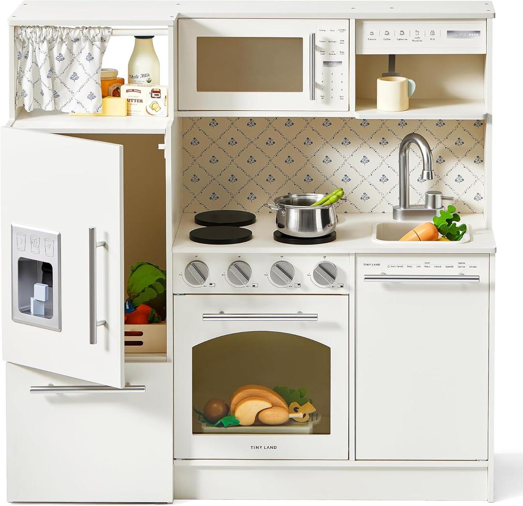 Tiny Land Play Kitchen for Kids, Upgraded Wooden Kitchen Toy with Complete Play Areas, Pretend Cooking Set with Sink, Stove, Microwave, Toy Coffee Station & Storage for Kids Ages 3+ (White)