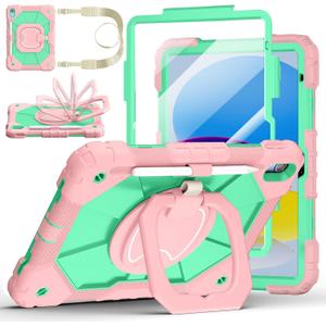 Case for iPad (A16) 11th Generation 11 Inch 2025, Ubearkk for iPad 10th Generation 10.9 inch 2022 case with Screen Protector 360 Degree Rotating Stand Shoulder Strap Pencil Holder, Rose Mint