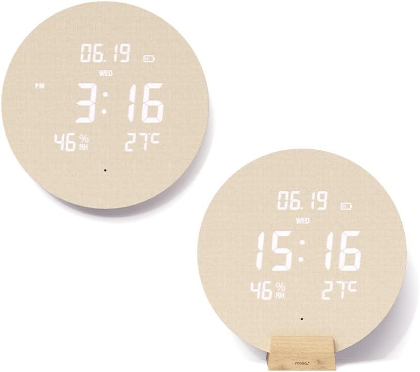 mooas Wood Moon Cordless Digital LED Wall Clock, Time Week Temperature & Humidity, Sound Sensor-Auto Brightness, Modern Dcorative LED Clock for Bedroom Livingroom, Wireless Wall Mount/Wooden Stand, Small