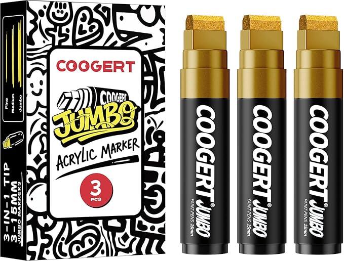 Coogert 3Pcs Black Jumbo Poster Markers, 15MM Thick Permanent Acrylic Graffiti Markers, Wide Tip Paint Marker for Canvas, Posters Board, Fabric, Window, Glass, Wood, Teachers,Banner painting supplies, Gold 