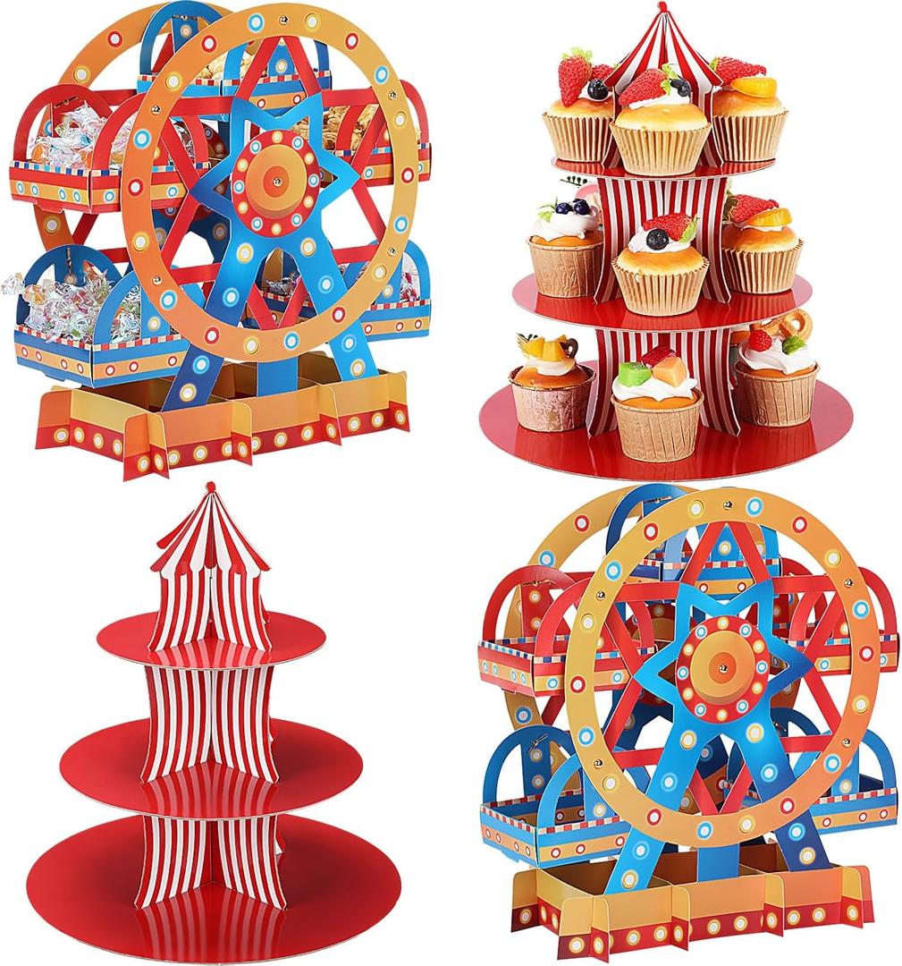 Vesici Set of 4 Carnival Theme Ferris Wheel Centerpieces and Cupcake Stands 3 Tier Cardboard Cupcake Holder for Dessert Displays Birthday Party Decorations