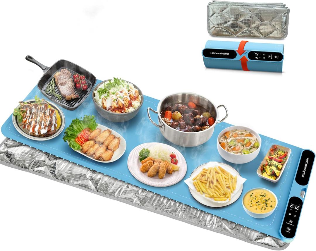 Food Warming Mat XXL with Insulation Pad 40"x15" 580W,Electric Warming Mat up to 10 Dishes with 7 Temp 8 Timer Settings, Ultra Thick Food Grade Silicone, (Exclusive Sky Blue)
