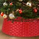 26in Christmas Tree Collar, Natural Woven Rustic & Farmhouse Holiday Decoration, 5-Piece Rattan Tree Skirt Ring Accessory for Xmas Artificial Trees(Red) (Poinsettia)
