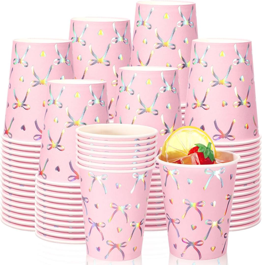 TecUnite 100 Pcs 9oz Iridescent Paper Cups Laser Pink Bow Disposable Paper Cups Coquette Bachelorette Party Disposable Coffee mugs Bow Themed Party for Wedding Birthday Baby Shower Supplies