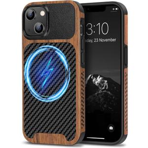 TENDLIN Magnetic Case Compatible with iPhone 14 Plus Case Wood Grain with Carbon Fiber Texture Design Leather Hybrid Slim Cover (Compatible with MagSafe) Black