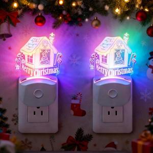 Christmas Night Light for Kids[2 Pack], Santas Cabin Plug-in Wall Light with RGB & Color Changing & Soft White 3000K LEDs, Dusk to Dawn, Christmas Decorations Gifts for Bedroom, Hallway