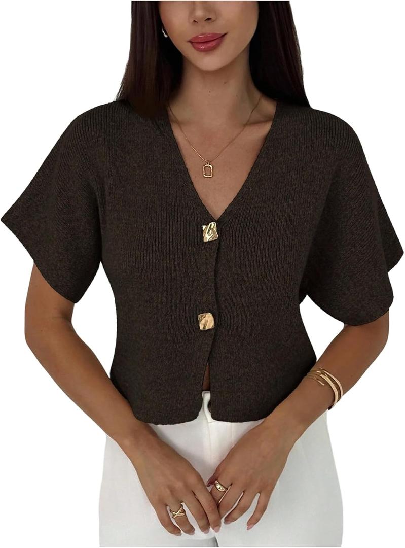 SOLY HUX Women's Short Sleeve Office Spring Winter Cardigan Sweater Button Down V Neck Slim Fit Elegant Knit Tops Coffee Brown Medium