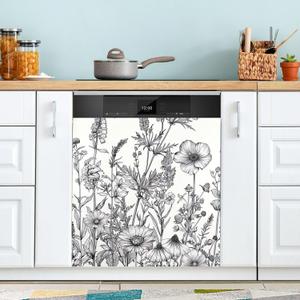 Black and White Flowers Dishwasher Magnet Cover, Front Dishwasher Cover Decoration, Home Cabinet Decals Appliances Stickers - 23" L x 26" H