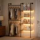 Industrial Pipe Clothes Racks with LED Lights& Shelves, Heavy Duty Adjustable Garment Hanger with Shelves, 2 Installation Methods Closet Storage System for Wardrobe Organization (Black)