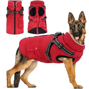 Dog Winter Coat with Harness Built-in | Waterproof Dog Jacket with Zipper & Fleece Lining | Reflective Cold Weather Coat for XXL