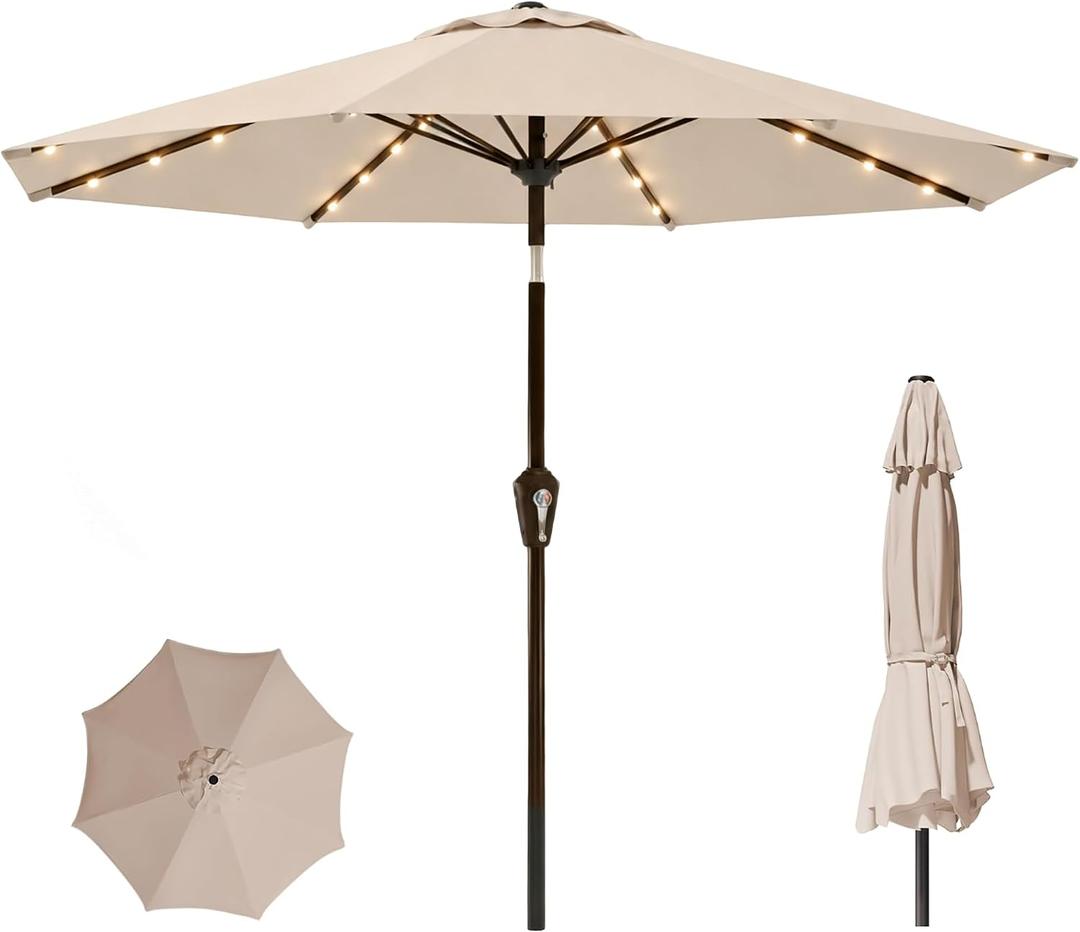 11FT Solar Lighted Patio Umbrella, Outdoor Table Market Umbrellas with Crank Lift, 32 LED Lights, 8 Sturdy Ribs, UV-Resistant for Deck, Garden, Pool