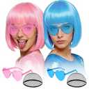MEEZY 2 Pcs Colorful Bob Wigs with Bangs Pink Sky Blue for Women, Neon Funny Wig Short Bob Hair with Heart Sunglasses Hair Cap for Halloween Costume Cosplay Birthday Bachelorette Party Carnival