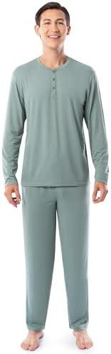 Fruit of the Loom Men's 360 Stretch Long Sleeve Henley Top and Pant Sleep Pajama Set M