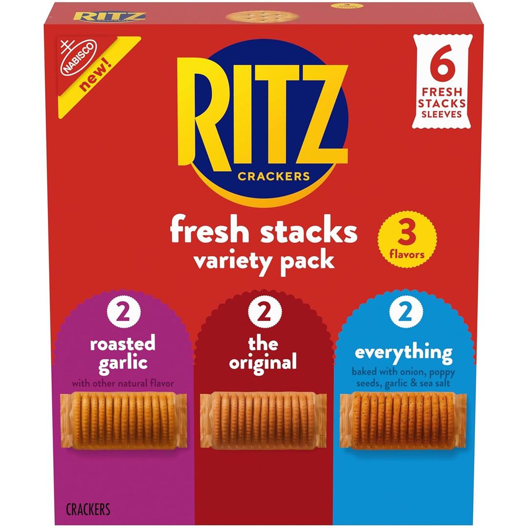 RITZ Fresh Stacks Original, Everything, and Garlic Butter Crackers Variety Pack, Travel Snacks, 8.85 oz (6 Multi Snack Packs), Best By 12 AUG 2026