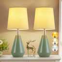 Small Bedside Table Lamp for Bedroom-Reading Desk Lamp Set of 2,with 3 Color Temperatures,15.5" Nightstand Ceramic Lamp with Fabric Shade for Kids Room,Living Room,Dorm,Home Office (Green)