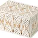 Boho Macrame Storage Basket with Lid Organza Gift Bags Decorative Wood Beads Bohemian Jewelry Box Bin Handmade Woven Natural Cotton Desk Makeup Organizer Shelf Container (Large Size)