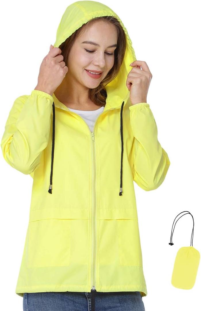 Women's Raincoat Waterproof Windbreaker Hooded Lightweight Packable Rain Jacket with Back Zipper Coats S-XXL (Yellow, S)