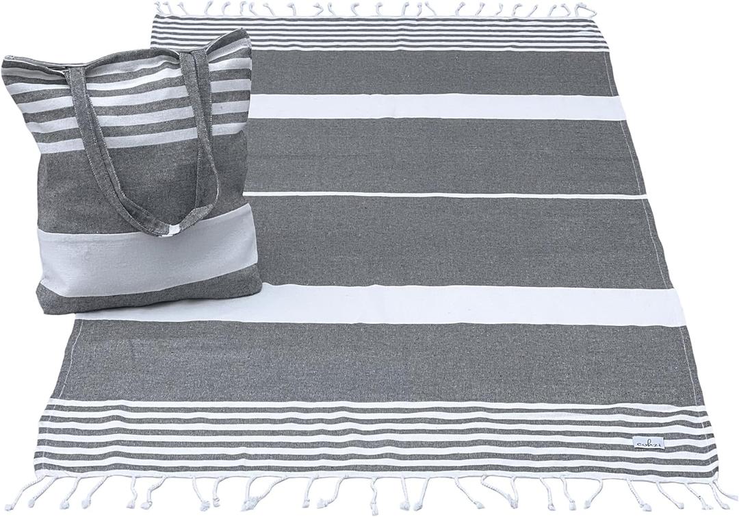 Turkish Beach Towel And Tote Bag - Beach Bag Tote And Turkish Towel Set. Travel, Picnic Blanket, Yoga. Women or Men. (Charcoal)