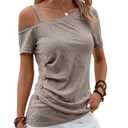 SOLY HUX Women's Cold Shoulder Short Sleeve T Shirt Asymmetric Neck Ruched Button Tee Summer Casual Tops Plain Mocha Brown Large (Brown)