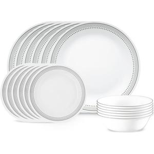Corelle Vitrelle 18-Piece Service for 6 Dinnerware Set Triple Layer Glass and Chip Resistant, Lightweight Round Plates and Bowls Set, Mystic Gray