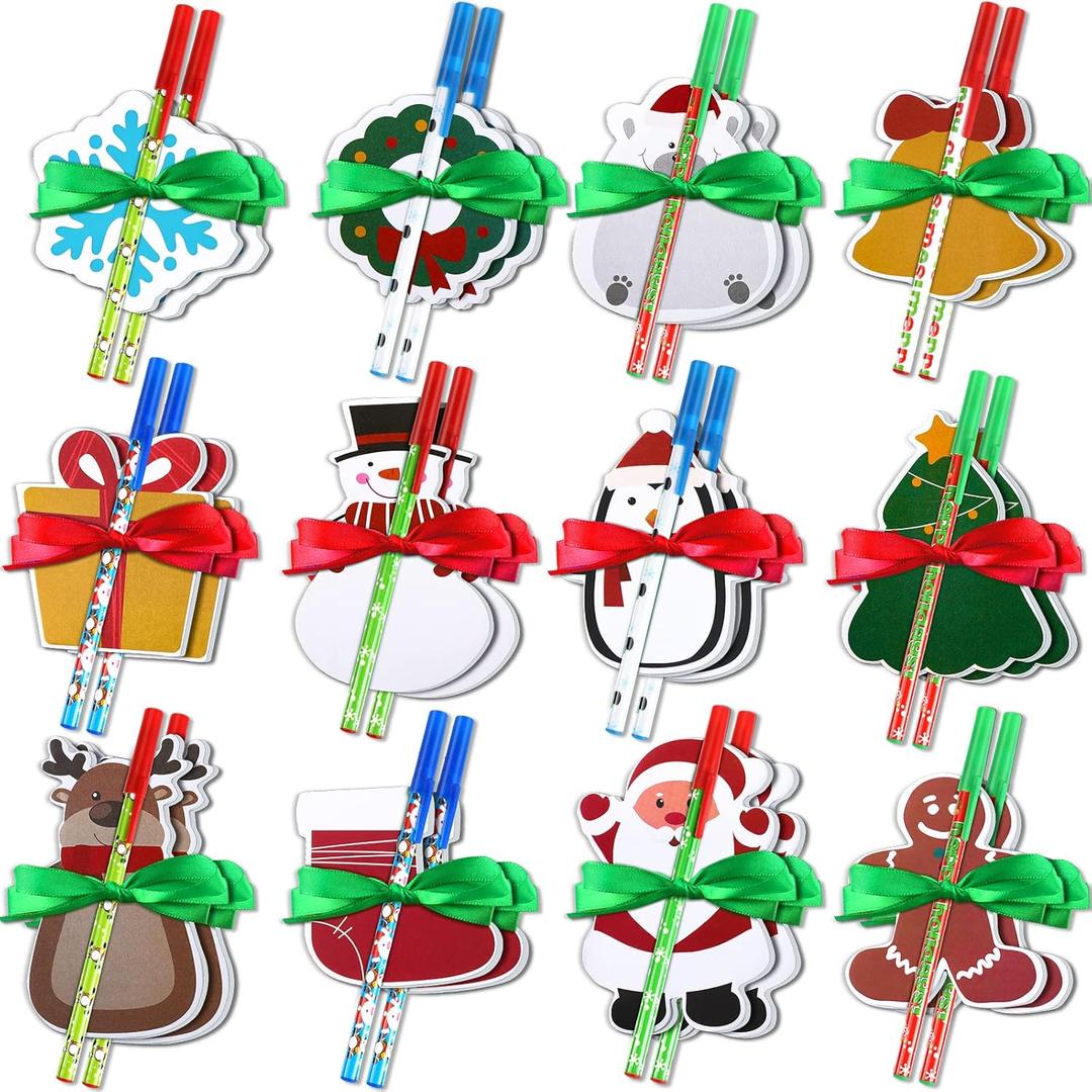 Geyee 24 Set Christmas Notepad with Pen Set Christmas Characters Sticky Notes Winter Memo Pad Holiday to Do List Notepads Gifts Bulk for Kids Coworkers Study Work Xmas Party Favors
