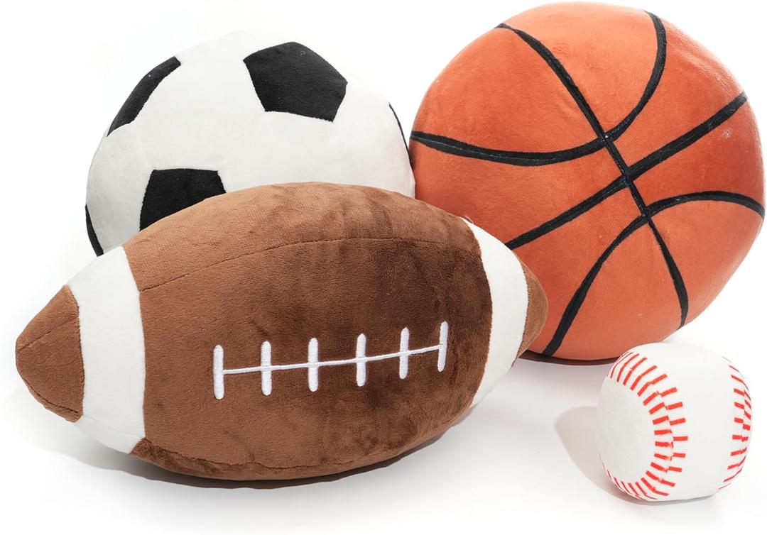 Full Size Plush Sports Balls Set  4-Piece Soft Toy Balls for Kids and Toddlers, Includes Football, Basketball, Soccer Ball & Baseball  Indoor Play, Nursery Dcor, Gift for Boys and Girls